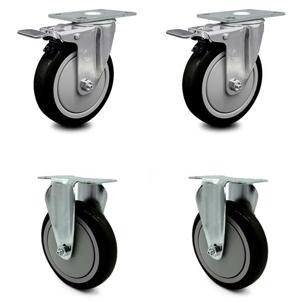 5 Inch Black Polyurethane Swivel Top Plate Caster Lock Brakes 2 Rigid SCC, 2PK, Service Caster, Mfr#: SCC-TTL20S514-PPUB-BLK-2-R-2
